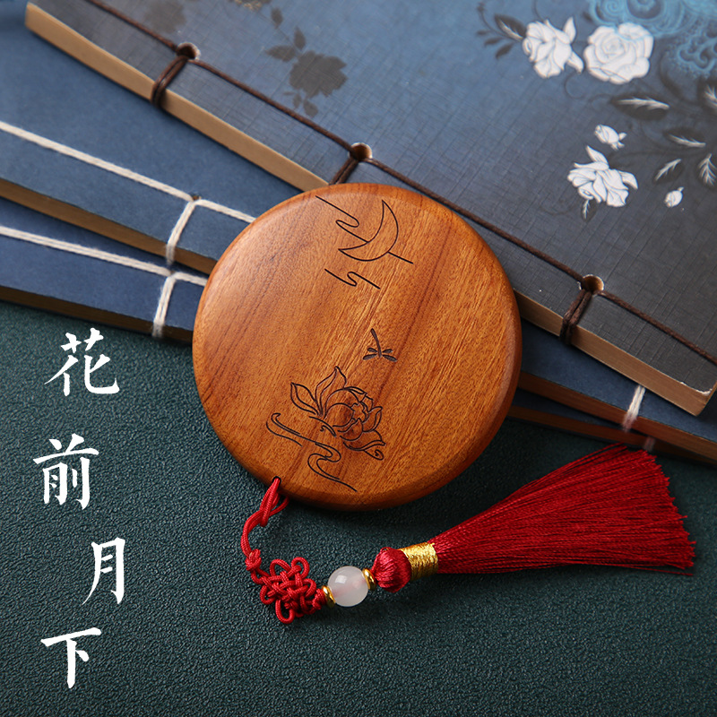 天然檀木化妆镜子 花梨木随身便携补妆小圆镜木质工艺品礼品批发