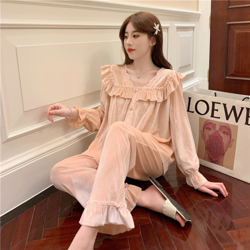 pajamas for women 21 new autumn and winter korean velvet flower embroidered collar comfortable palace style cardigan long sleeve suit home wear