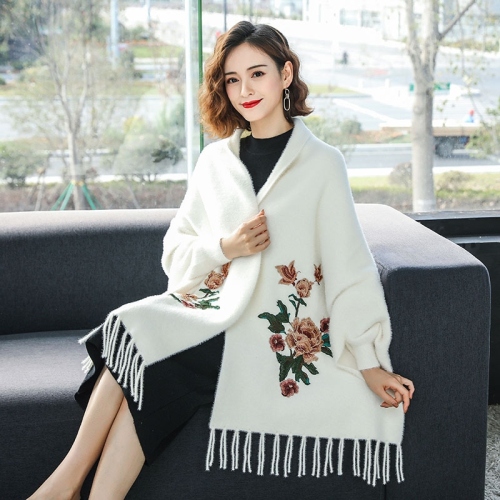 Autumn and Winter Thickening Warm Shawl Scarf Embroidered Women‘s Imitation Mink Sleeved Tassel Cheongsam Outerwear Cape Cloak Coat