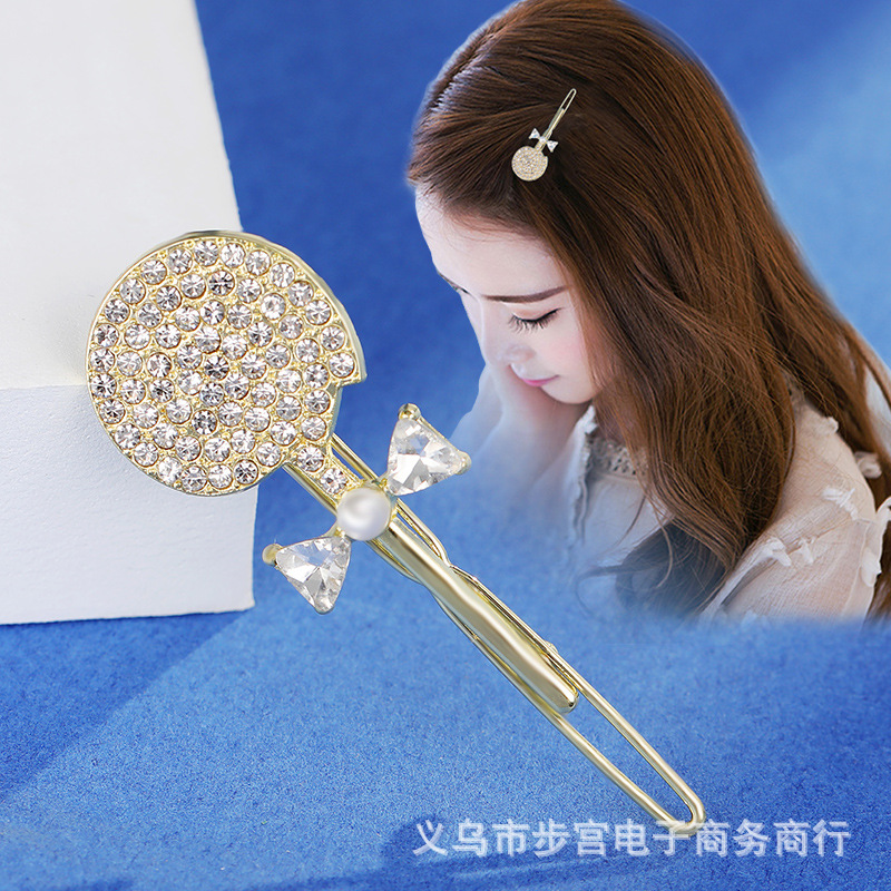 厂家批发水钻棒棒糖青蛙扣半扎发夹后脑勺一字夹顶夹青蛙扣边夹