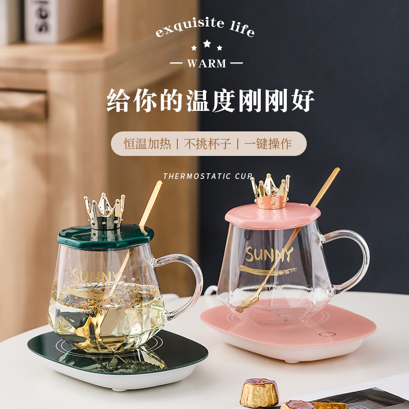55度恒温杯暖暖杯智能保温杯加热杯垫套装皇冠玻璃恒温杯礼品套装
