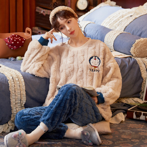 autumn and winter new flannel pajamas women‘s korean-style sweet cute cartoon fleece-lined thickened coral fleece home wear women