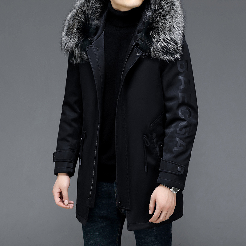 2021年冬季新款时尚白鹅羽绒服男士狐狸毛领中长款连帽外套派克服
