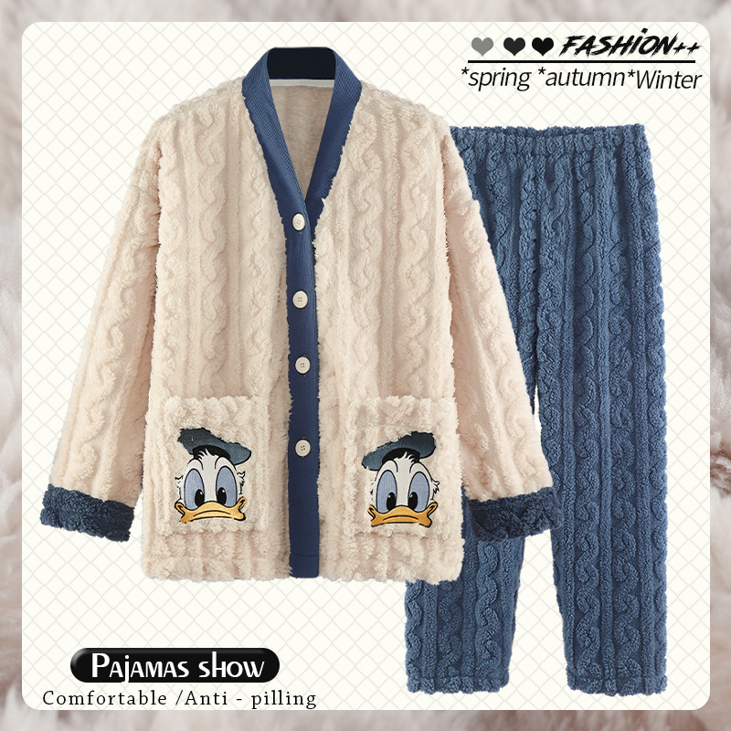 秋冬季新款睡衣女士长袖开衫和服法兰绒韩版卡通可爱提花绒家居服