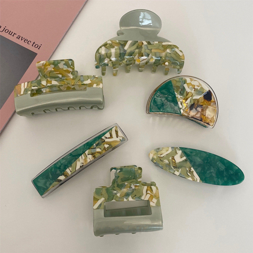 芬迪小清新醋酸板材Chic复古祖母绿气质后脑勺抓夹拼接发夹鲨鱼夹