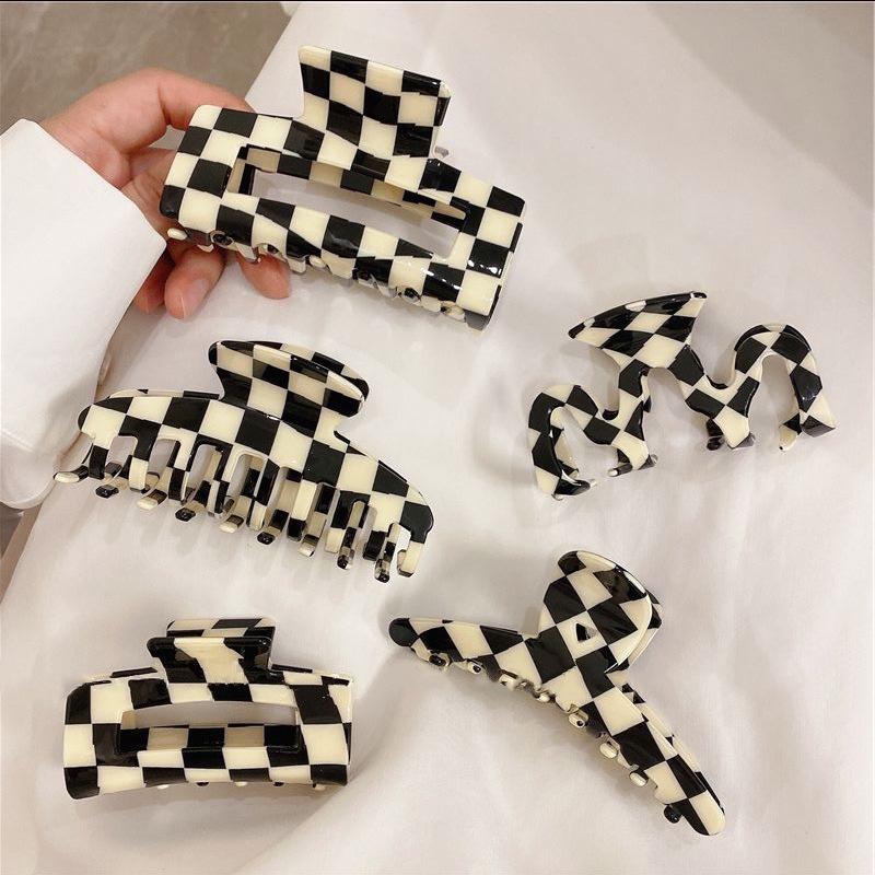 韩国复古黑白棋盘格子小香风抓夹韩版百搭格子后脑勺抓夹通勤发夹