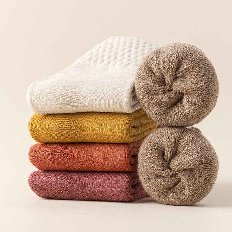 冬季棉质女士袜子加厚保暖地板袜纯色毛圈袜日系加绒月子中筒袜