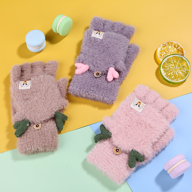 包邮2021新款成人手套女秋冬季保暖卡通半指手套可爱翻盖漏指手套