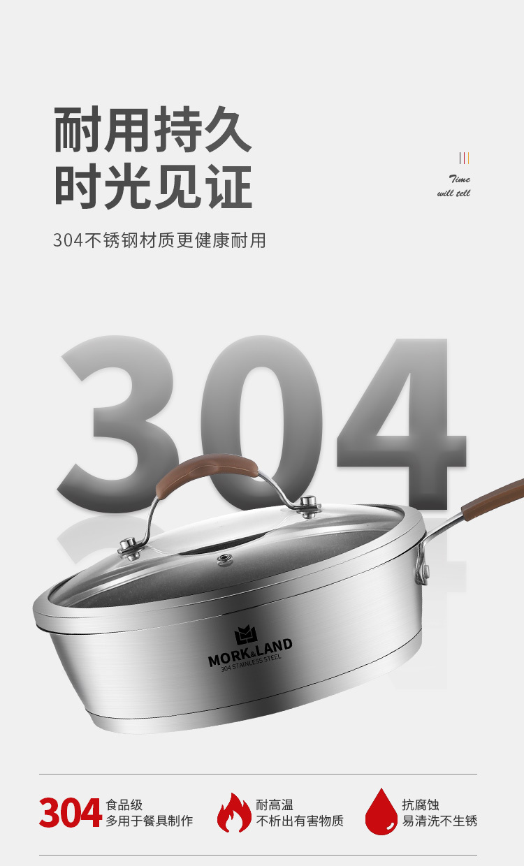 新款少油烟304不锈钢平底锅带盖炒锅礼品煎锅家用麦饭石不粘锅详情4