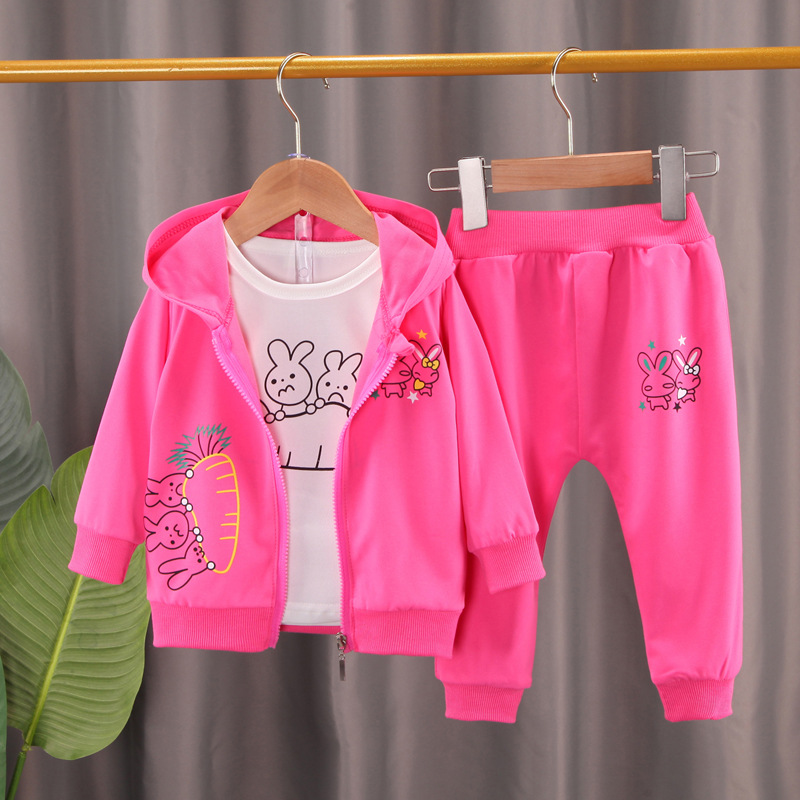 儿童外出服童套装秋装女童外贸连帽拉链衫外套休闲运动开衫三件套