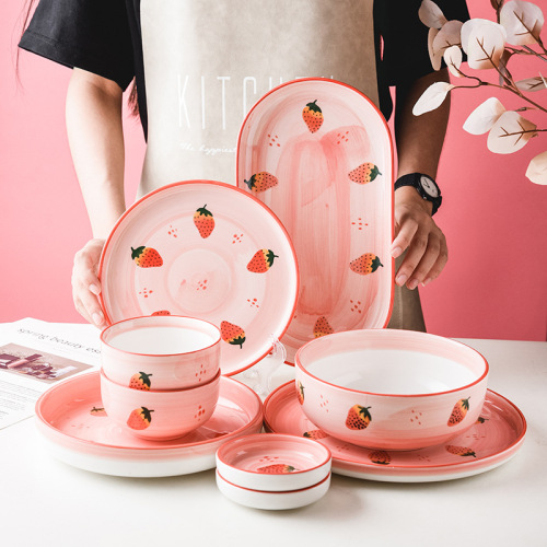 ins fresh hand-painted strawberry ceramic plate disc household cute rice bowl soup bowl seasoning dish tableware set