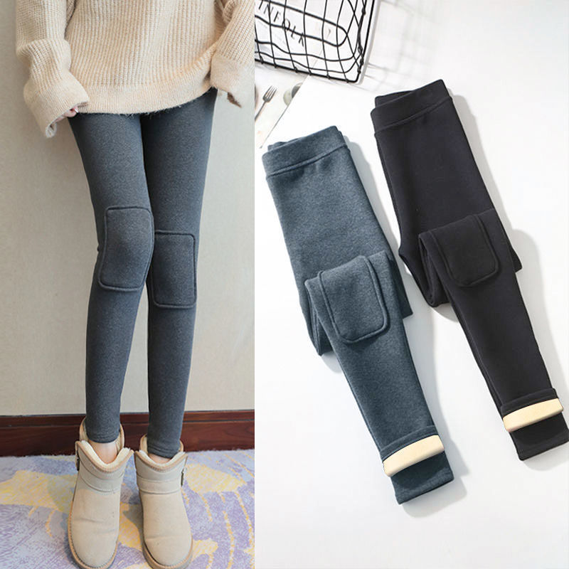 冬季新款高腰护膝补丁打底裤女外穿显瘦加厚加绒修身羊羔绒保暖裤