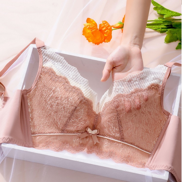 蕾丝撞色乳胶文胸花边无钢圈小胸聚拢内衣收副乳上托调整型胸罩