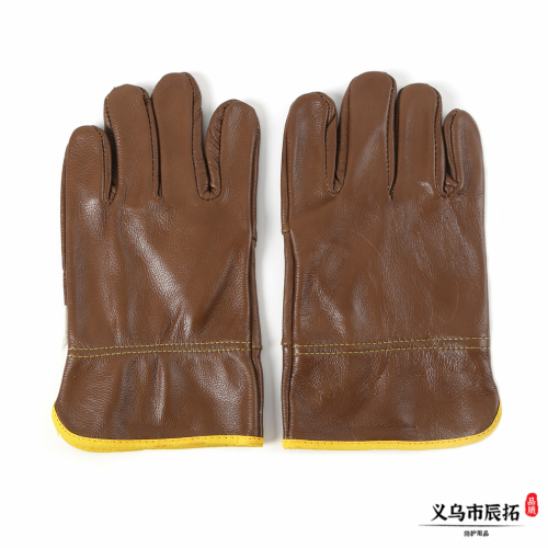Cowhide Texture Welder Welding Gloves Wear-Resistant Heat Insulation Labor Protection Gloves Short Double-Layer Cowhide Thick Handling Gloves 