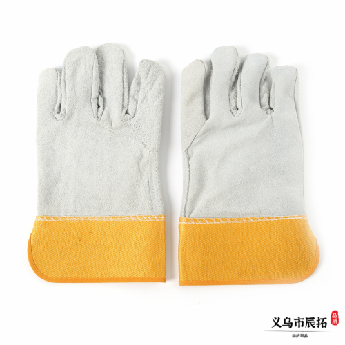 factory spot direct yellow rubber short leather welding gloves wear-resistant heat insulation puncture-proof cow two-layer welding labor protection gloves