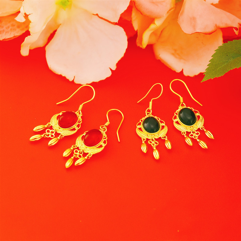 日韩时尚仿24k金仿玉髓耳环女款 古法沙金捕梦网宝石耳坠货源批发