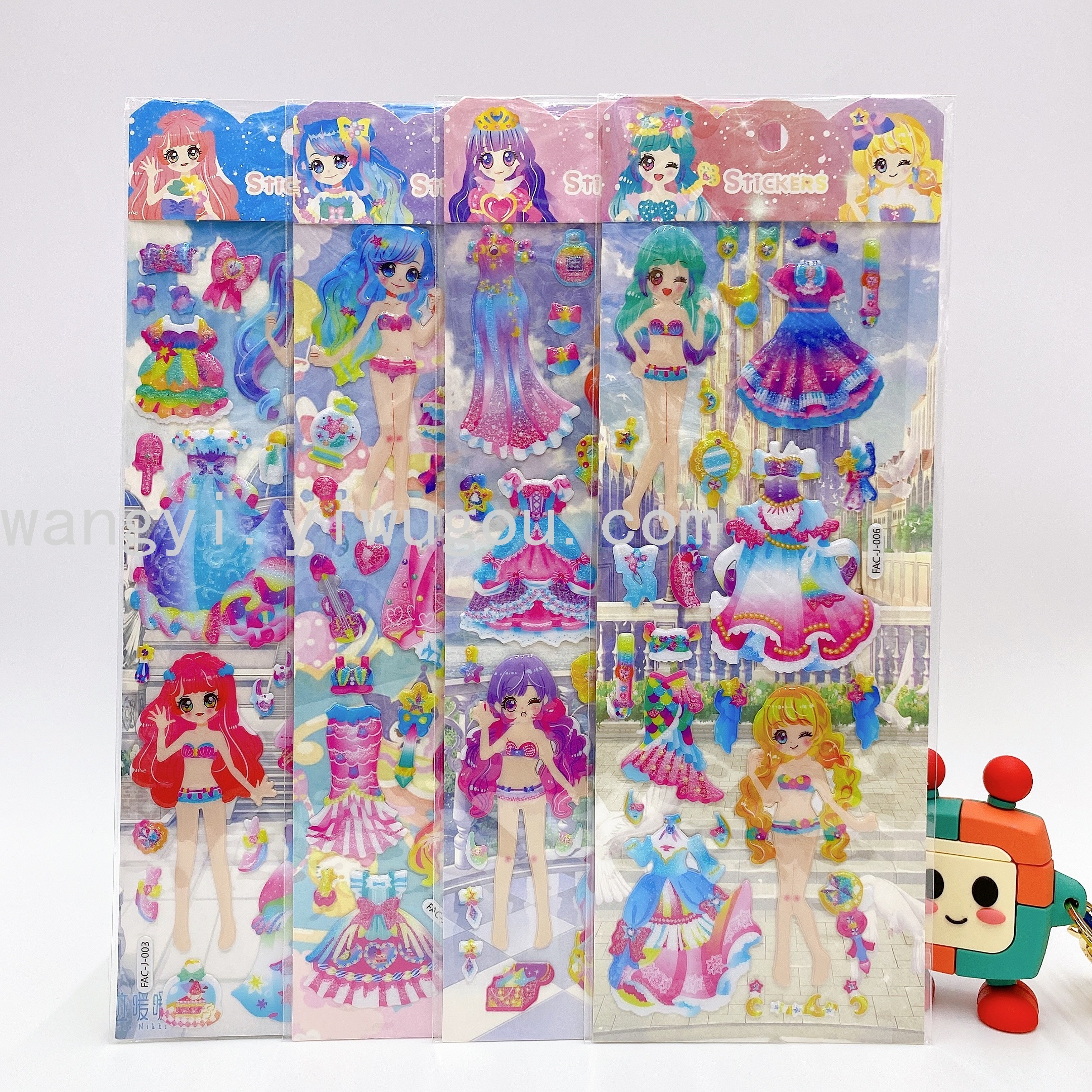 跨境新奇金粉长条卡通换装泡泡贴纸儿童益智卡通换装泡泡贴纸
