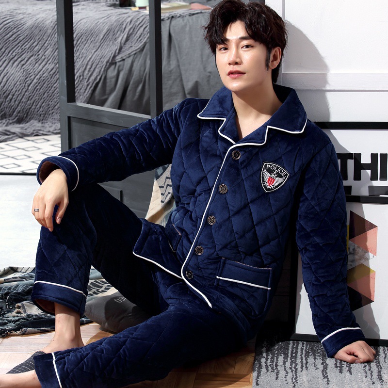 新款冬季水晶绒男士加厚保暖睡衣法兰绒夹棉家居服两件套一件代发