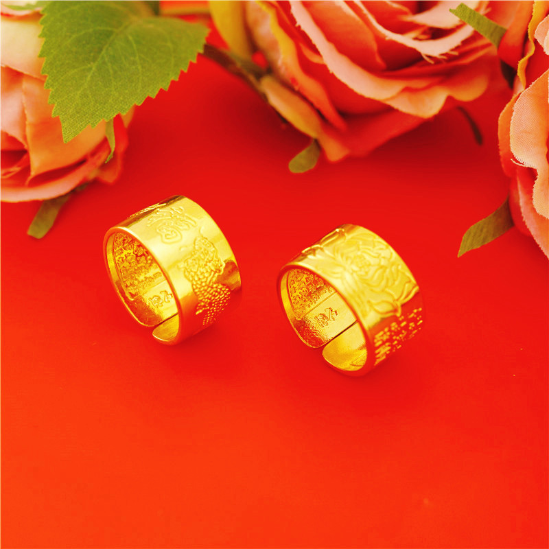 批发12mm六字真言心经荷花开口戒指男镀真金越南沙金龙凤福扳指戒