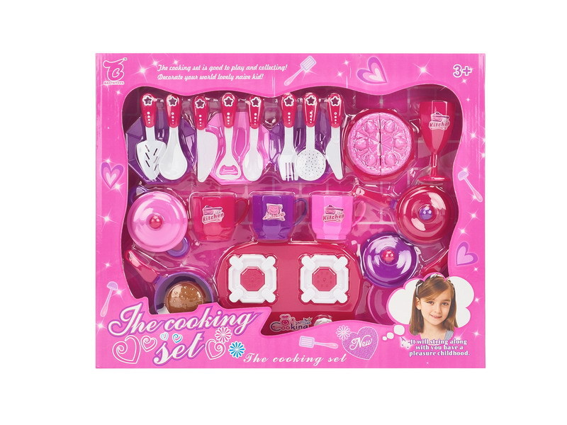 儿童过家家餐具盒装吸板全套粉红餐具女孩餐具环保吸板餐具