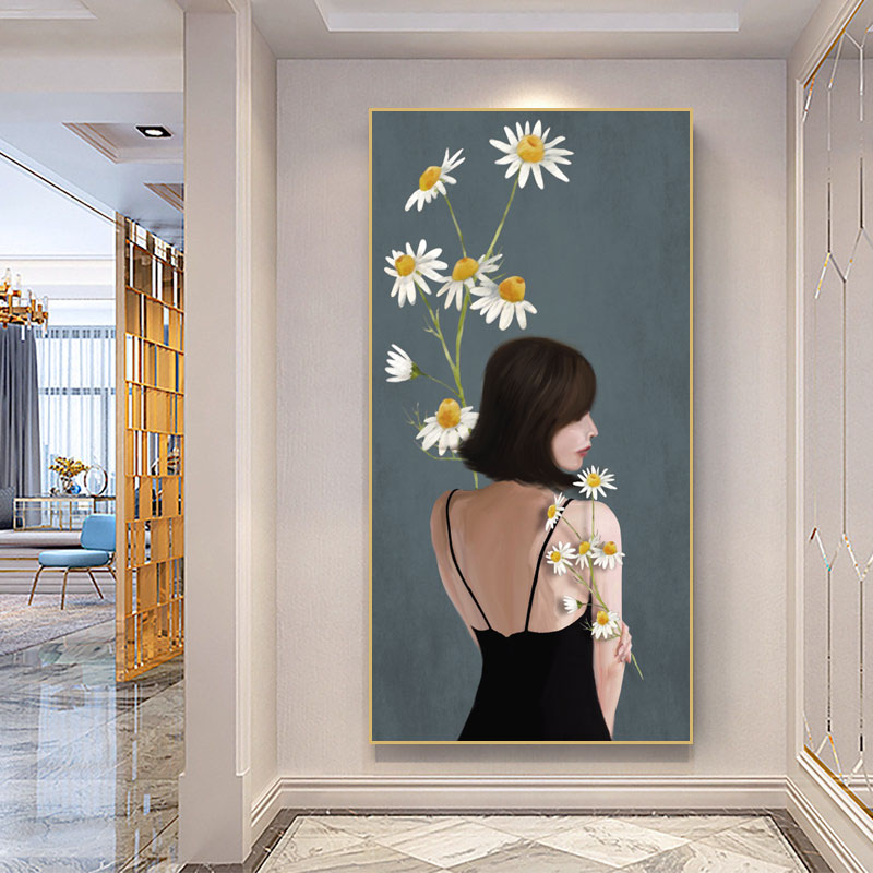 简约文艺向日葵美女画布绘画家居酒店大厅走廊高清墙面装饰挂画