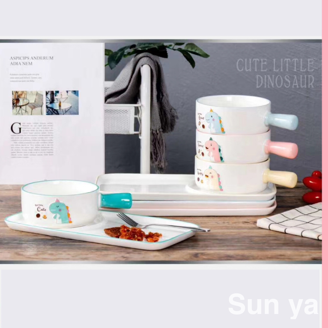 日式卡通小恐龙带柄早餐碗家用一人食陶瓷碗碟