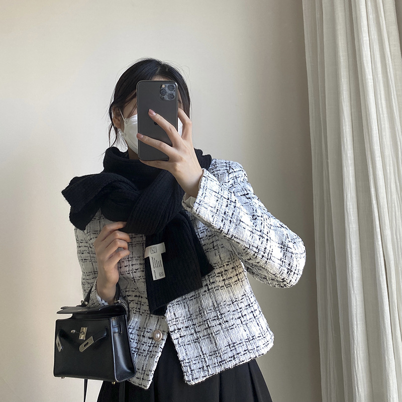 韩系现货冬季百搭纯色贴标学生女男情侣经编毛线编织加厚保暖围巾