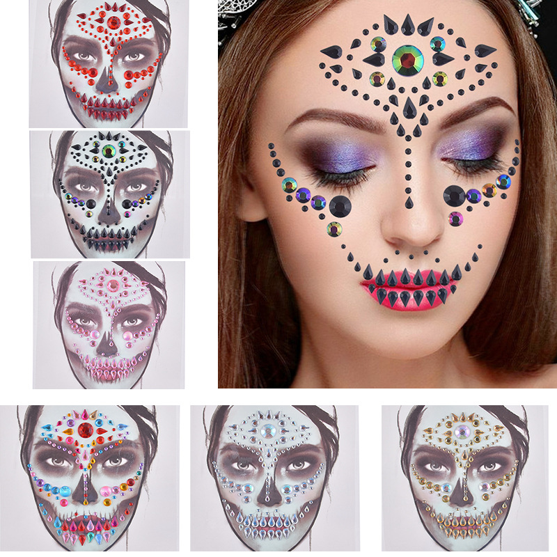 跨境货源欧美万圣节脸部纹身贴个性化妆舞会鬼节脸贴钻批发