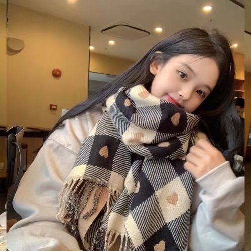 autumn and winter new internet celebrity love knitted cashmere-like lengthened scarf women‘s warm air conditioning shawl thickened scarf