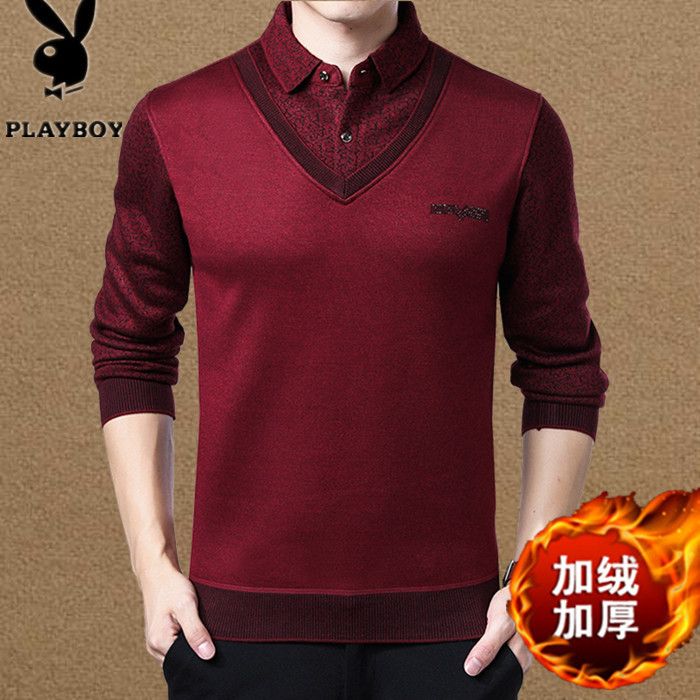 秋冬新款羊毛衫中老年男士假两件套本命年红色参加婚礼爸爸装毛衣