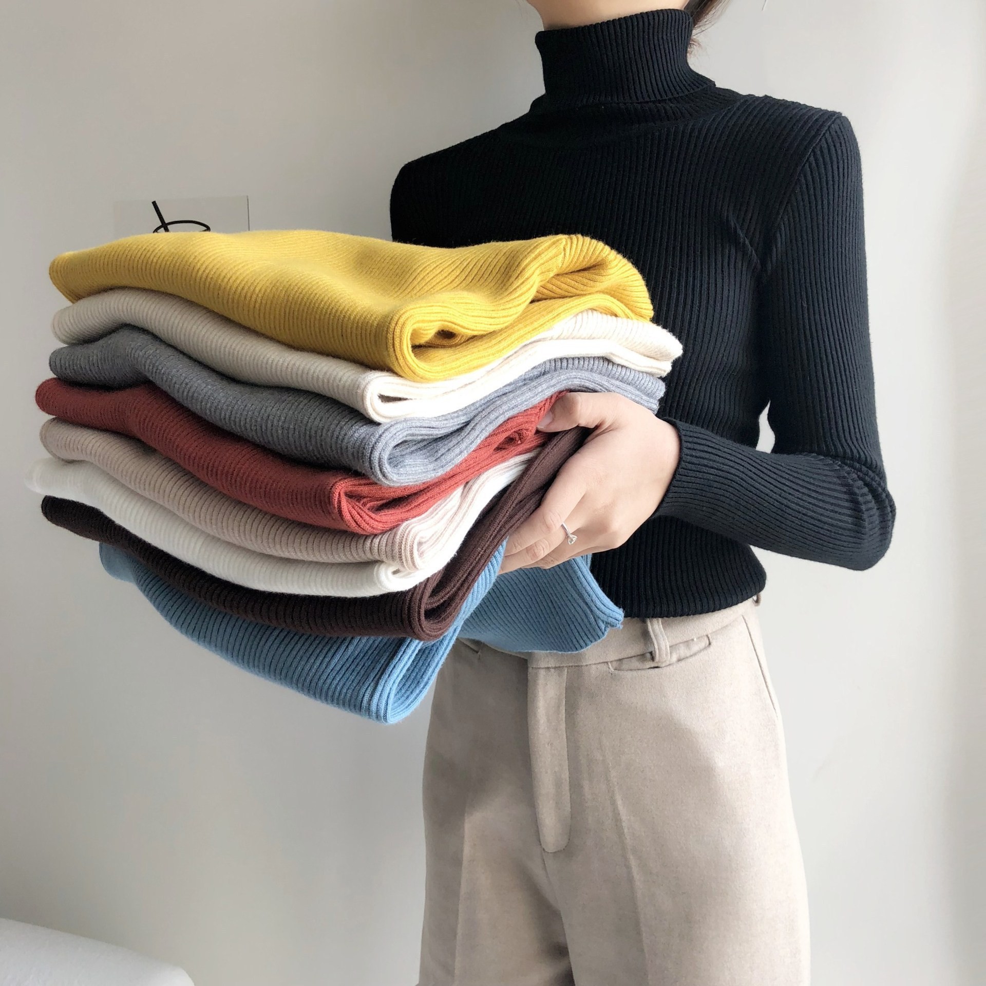 韩版爆款长袖高领毛衣女包芯纱修身针织衫纯色紧身显瘦高领打底衫