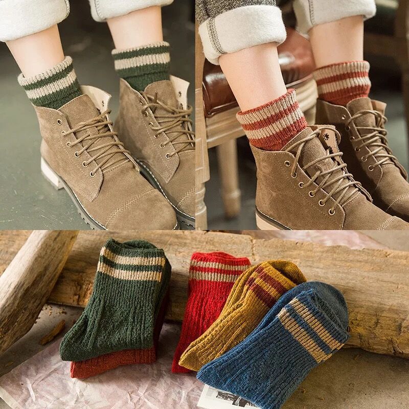 双针加厚冬季保暖袜子 女袜 双针翻口两条杠羊毛袜 中筒袜子批发