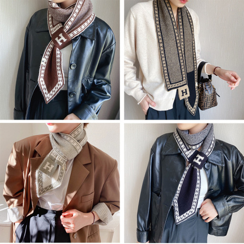 2021 new cross small scarf women‘s cross ear towel korean retro artistic knitted wool small scarf