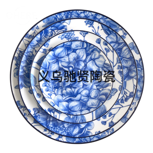 High Bone China Tableware Set Ceramic Plate Western Plate Disc Shallow Plate Large Pad Plate Blue and White Porcelain Crafts Table