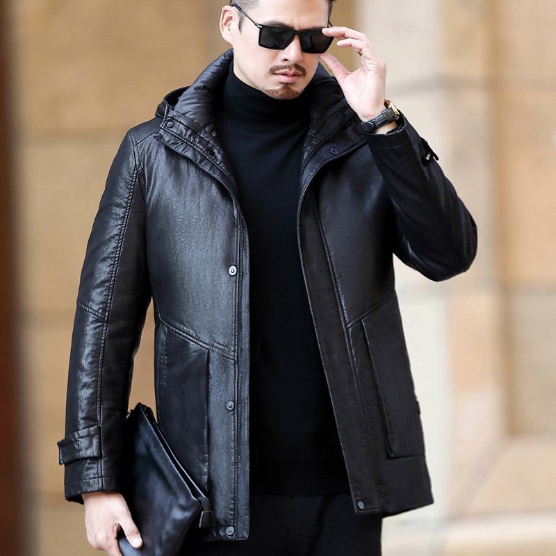 冬装男士海宁真皮羽绒服大码中长款宽松连帽羽绒加厚外套爸爸装潮