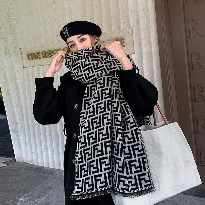 围巾女秋冬季F字母围脖百搭加厚仿羊绒ins潮时尚洋气双面保暖披肩