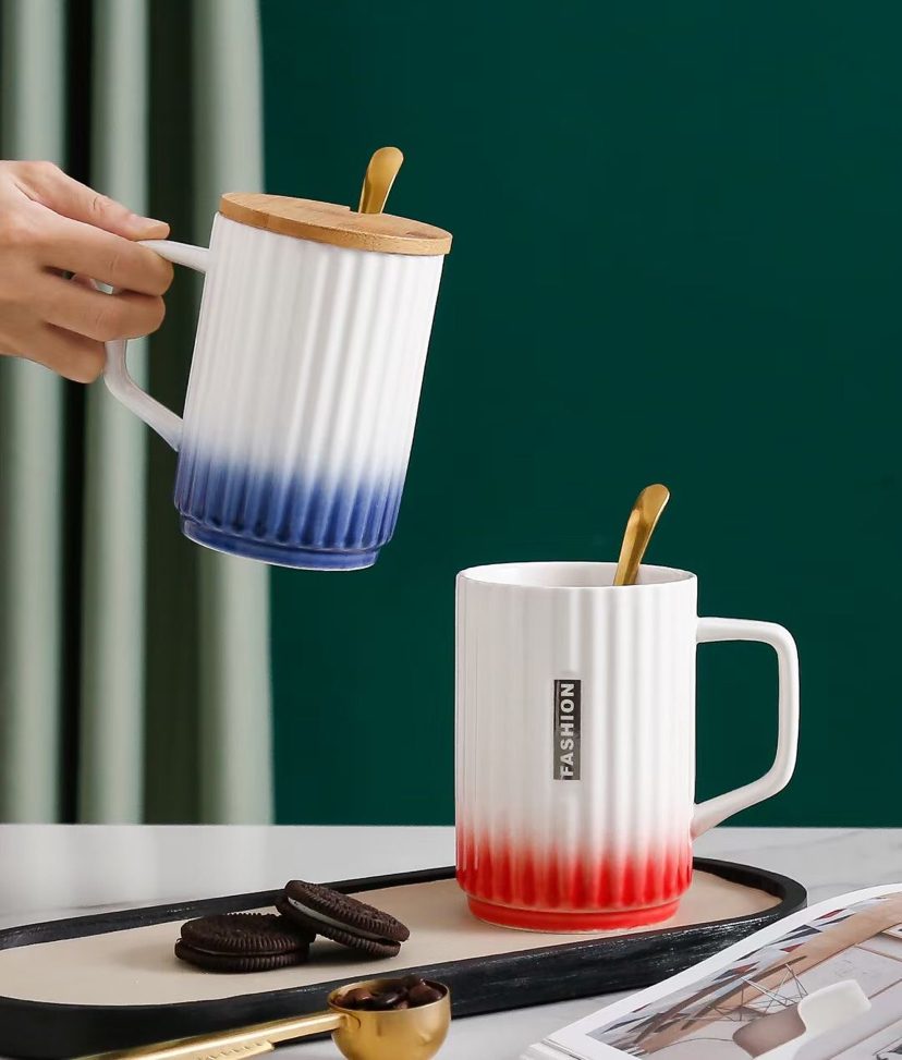 简约四色竖条纹陶瓷杯带盖带勺马克杯创意水杯办公室咖啡杯