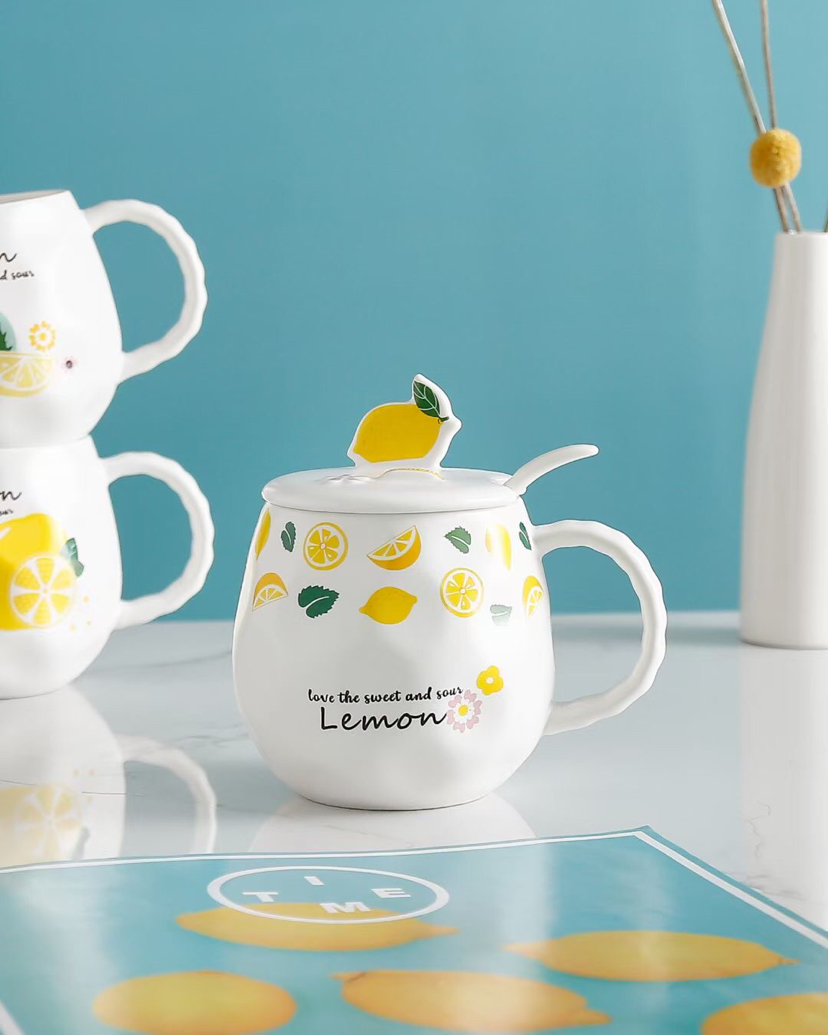 创意小清新水果陶瓷杯带盖带勺马克杯柠檬手机支架水杯