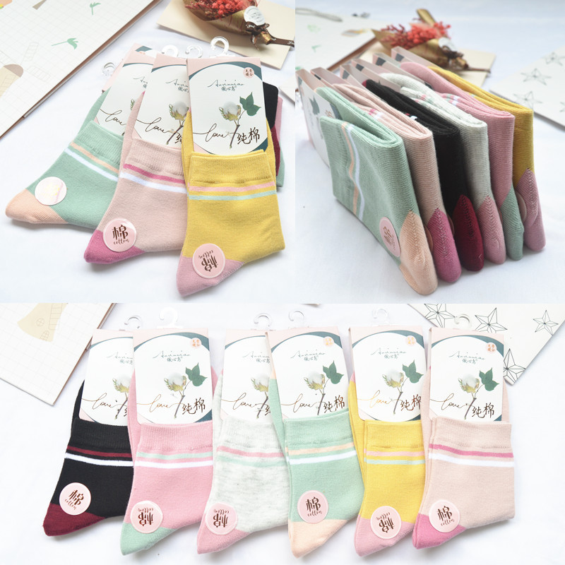 秋冬新品条纹款女士袜子批发透气吸汗袜子女彩棉百搭盒装中筒女袜