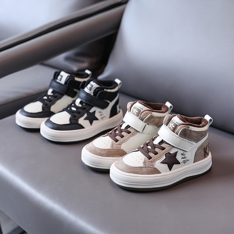 2021年冬季新款儿童加绒板鞋韩版星星高帮休闲棉鞋厚底潮童鞋