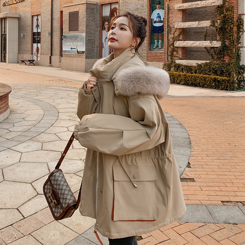 实拍韩版女宽松大码三个色派克棉衣2021冬加厚连帽大毛领棉服外套