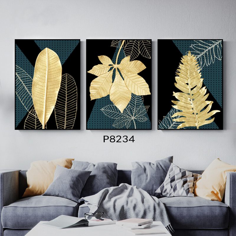 3组合金色叶子风景油画壁画装饰画相框布画装饰字画挂画装饰工艺