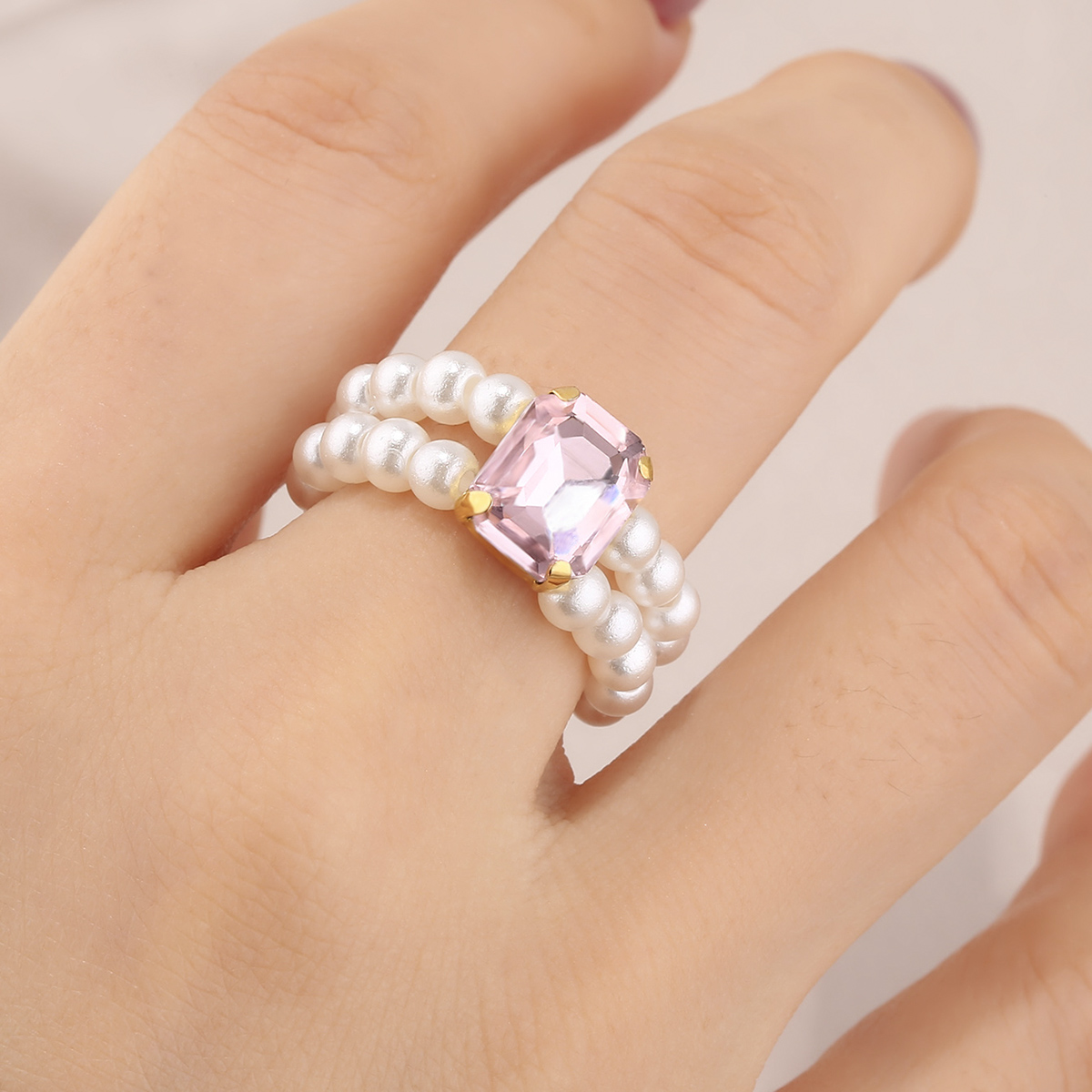 日韩手工编织小复古珍珠戒指 小米珠子指环水晶心形方形锆石戒指