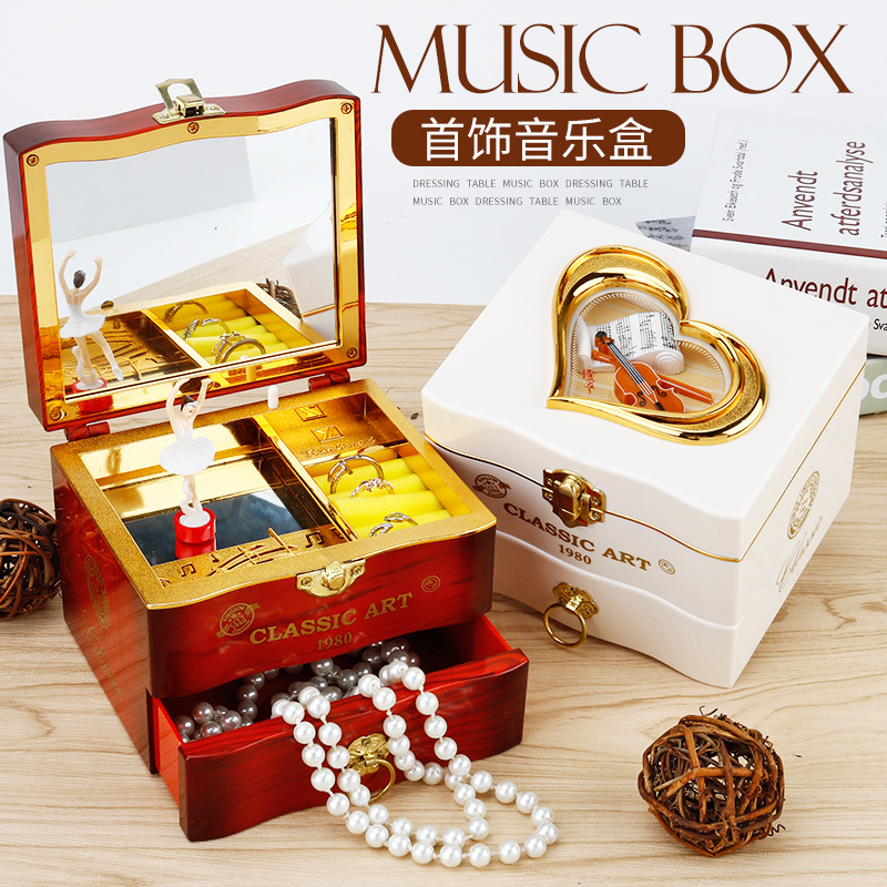创意音乐盒复古摆件仿木质动感跳舞小女孩首饰八音盒摆件