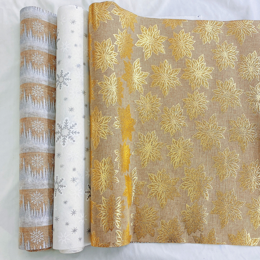 圣诞万圣节麻布印花米黄仿麻布加密棉麻布黄麻DIY亚麻布料桌旗布