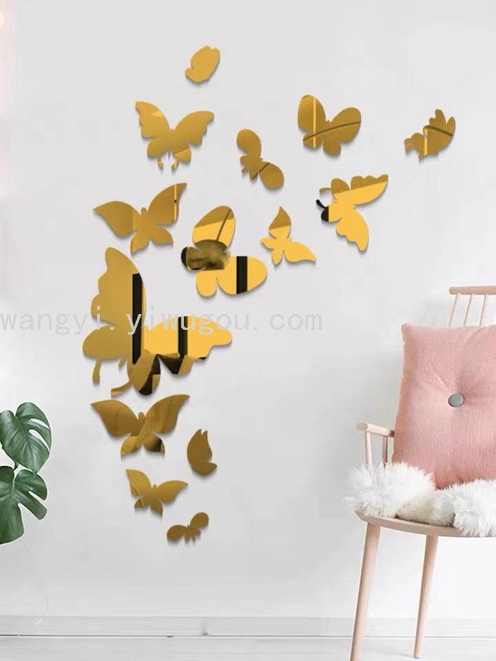 创意镜面蝴蝶3D亚克力贴纸 镜子贴 异形蝴蝶自粘镜面墙贴3PCS HS
