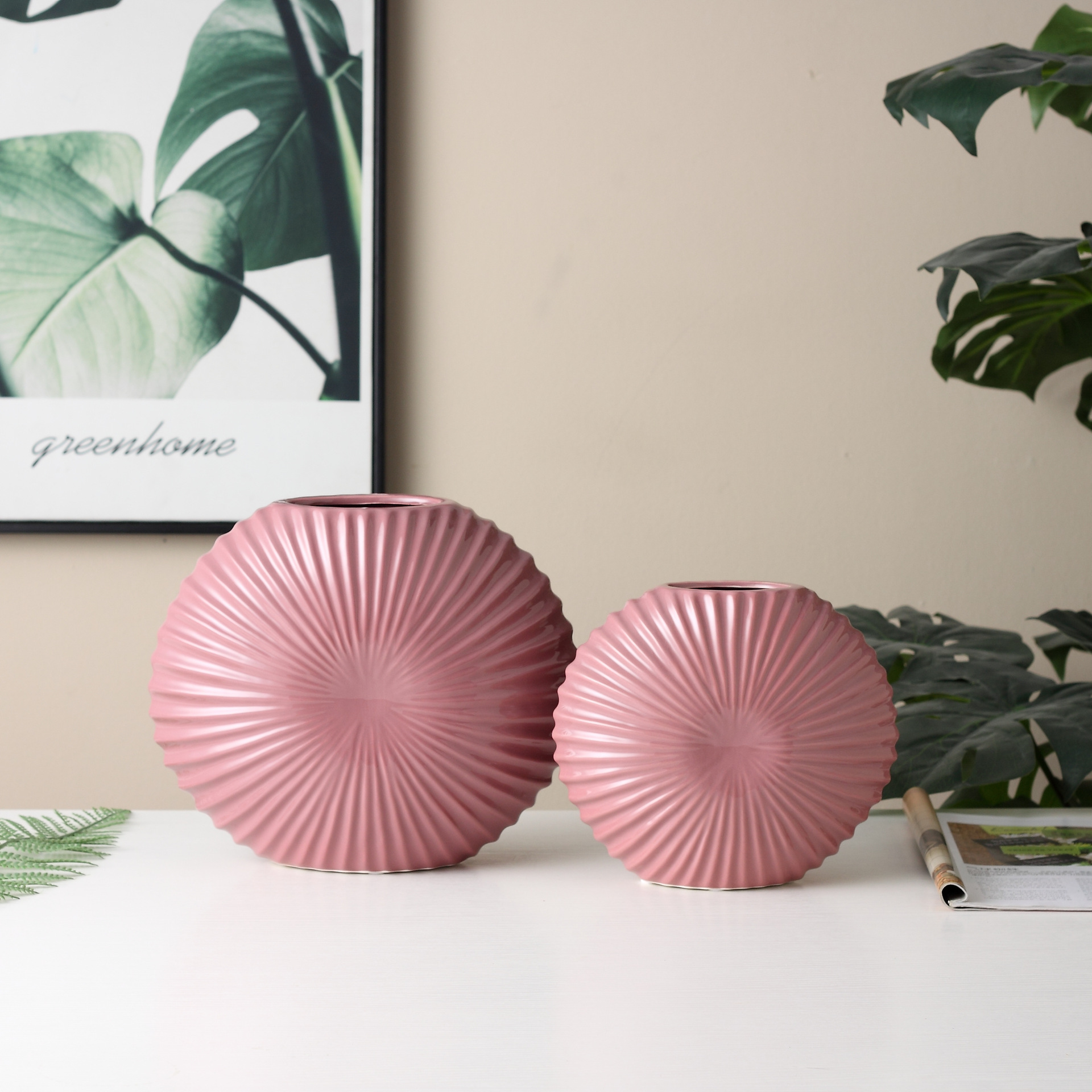 简约现代莫兰迪红蓝绿紫色陶瓷花瓶画眉家居装饰电视柜摆件二件套