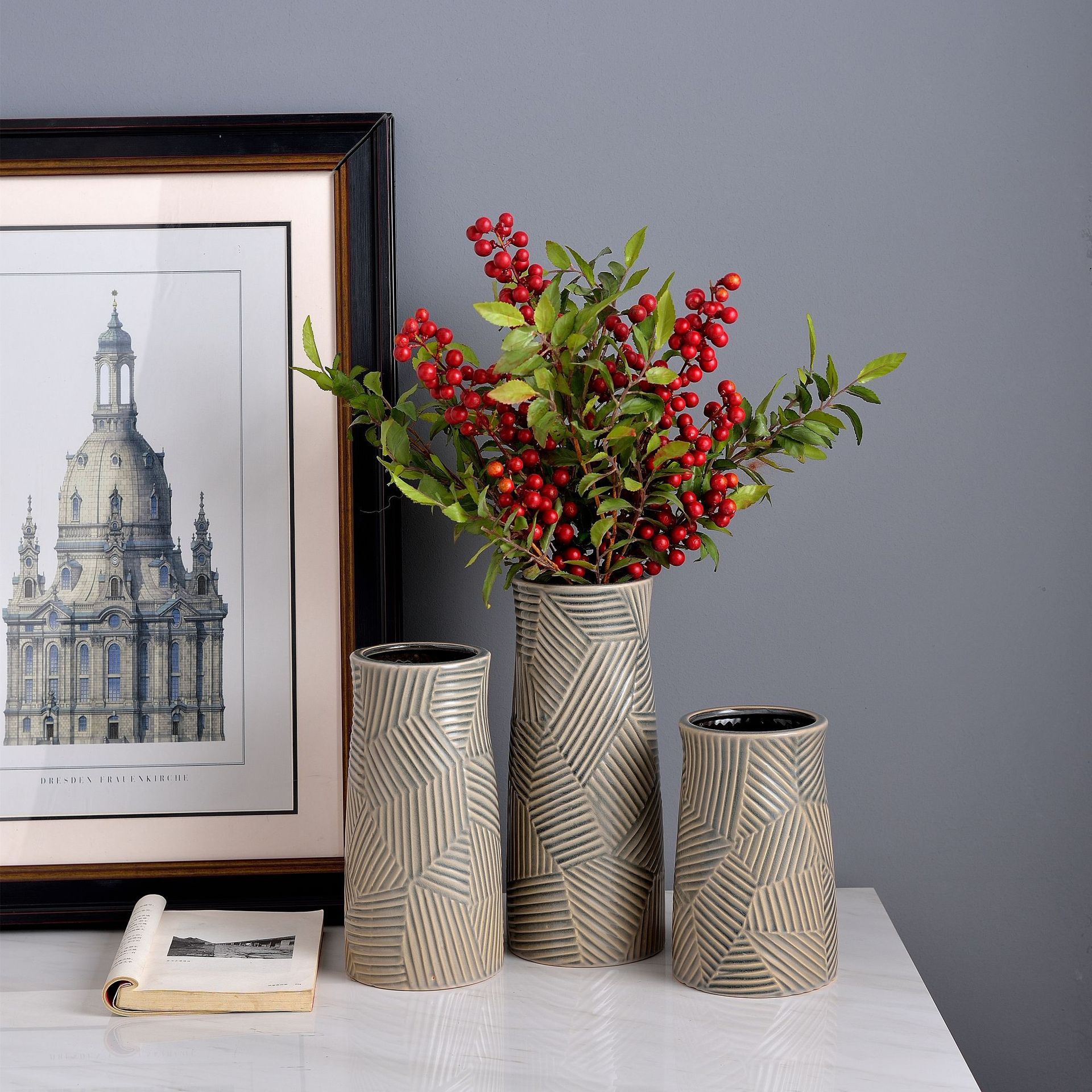 新中式禅意复古家居装饰陶瓷花瓶摆件设檀香三件套插花器花店资材