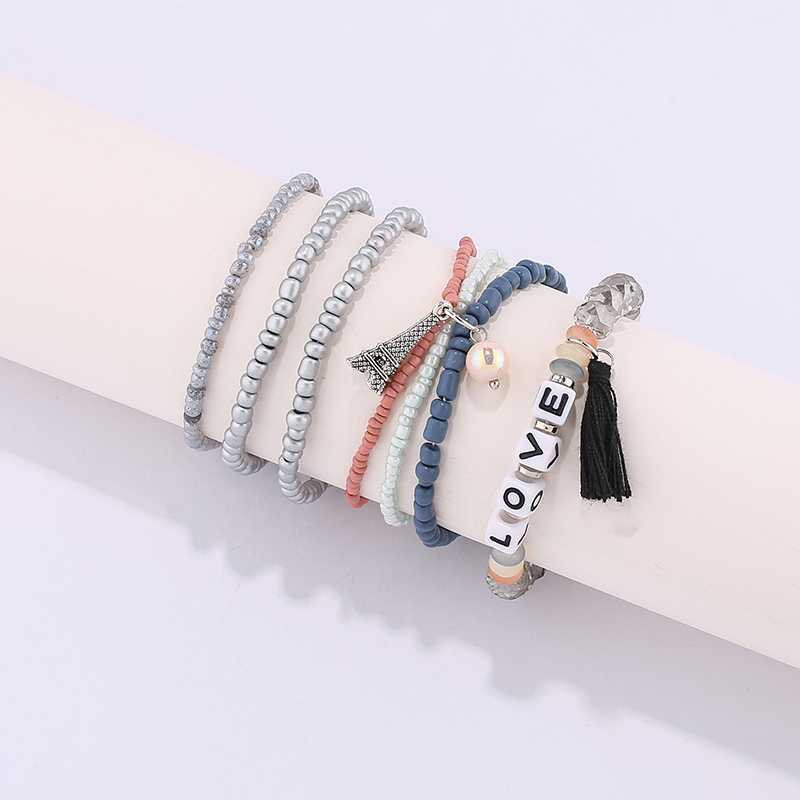 欧美英文字母软陶片珠子手链波西米亚多层米珠铁塔流苏吊坠手串