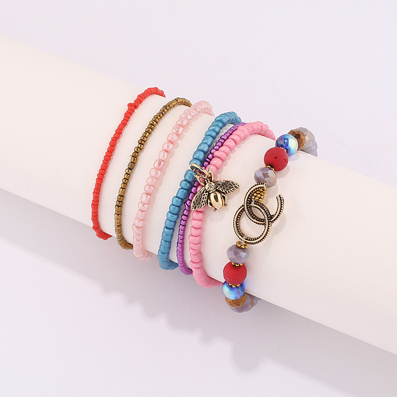 欧美波西米亚米珠手串百搭流行蜜蜂吊坠手链彩色米珠串珠饰品手饰